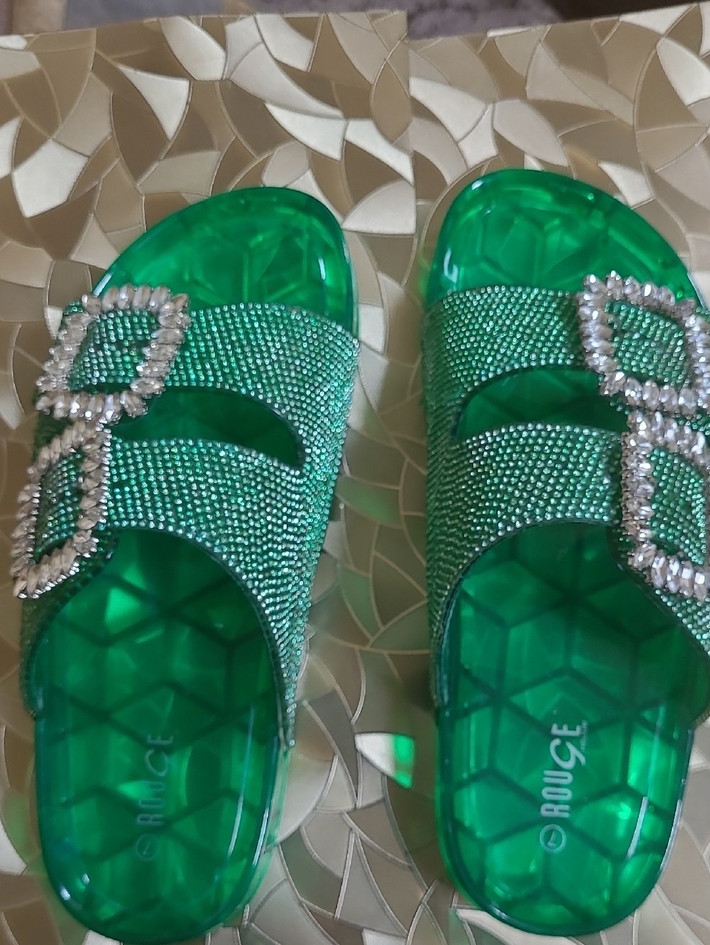 Green Jeweled Slide Sandals,  New